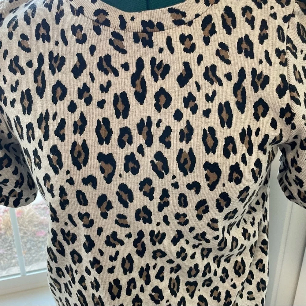 Loft Leopard Print Short Puff Sleeve Sweater Top
